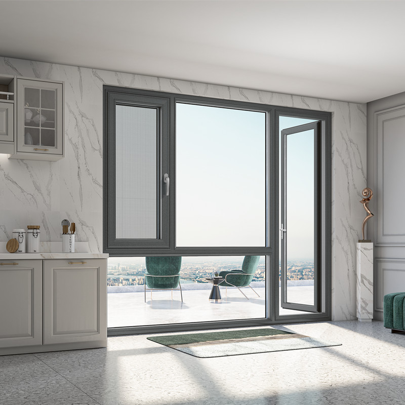 Power Coating Grey Double Glass Casement Window