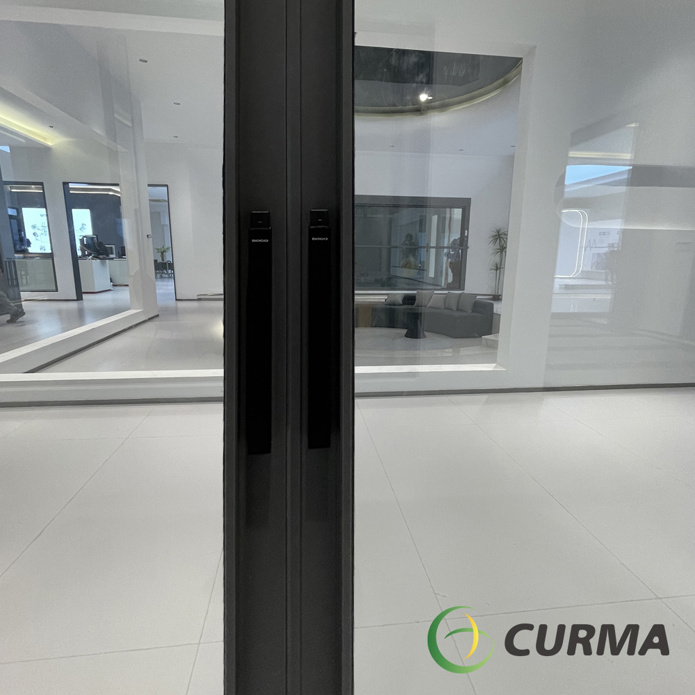 120 Ultra-Slim Frameless Sliding Glass Door with Remote Blinds and a Trip-Free Floating Track Design