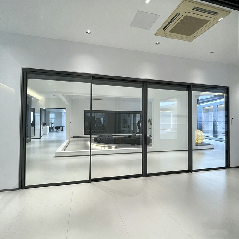 120 Ultra-Slim Frameless Sliding Glass Door with Remote Blinds and a Trip-Free Floating Track Design
