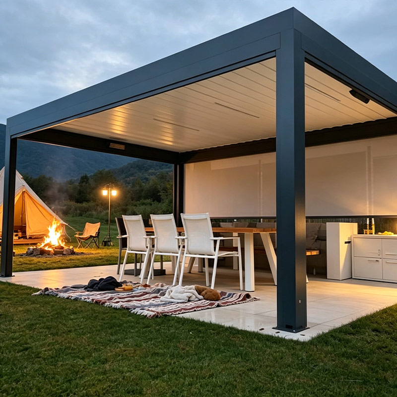 Retractable roof pergola suitable for commercial dining and leisure/entertainment venues.