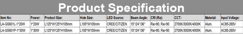LED 1 * 30W plat type verzonken verstelbare grille-verlichting