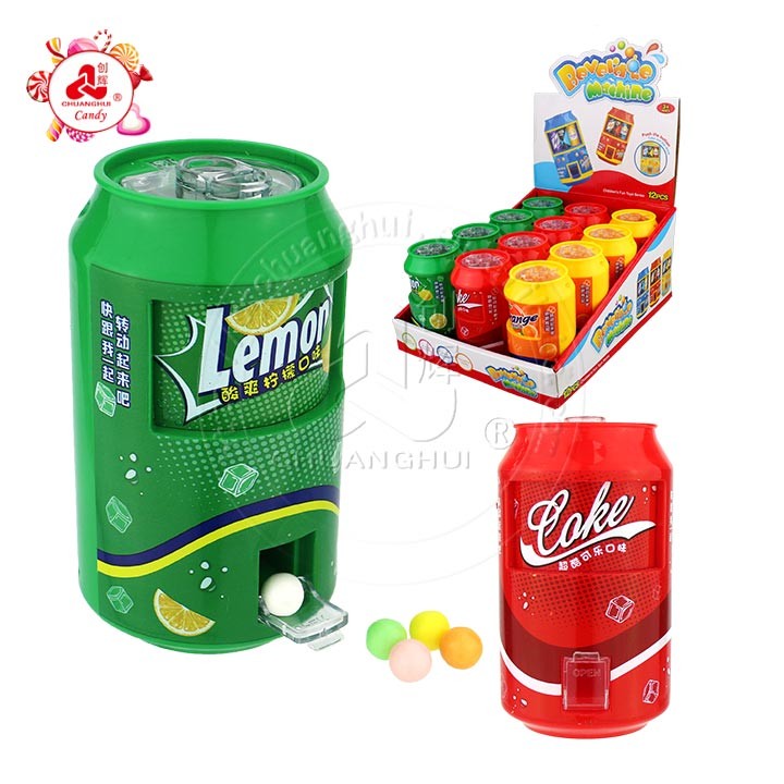 Dispensador de latas de refresco con latas de cola y etiqueta de