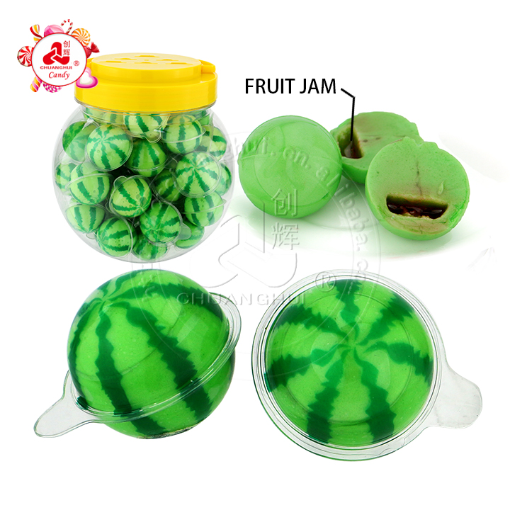 Supply Fruit Sweets Watermelon shape Gummy candy ball with Jam Filled