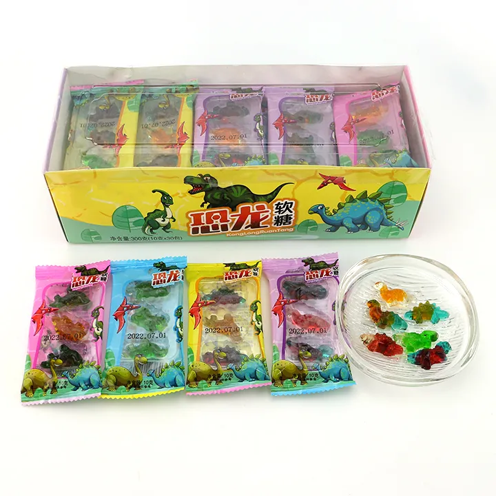 Caramelo gomoso suave con forma de dinosaurio con sabor a fruta
