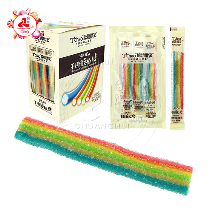 Supply Halal gummy candy sugar coated rainbow sour belts soft candy