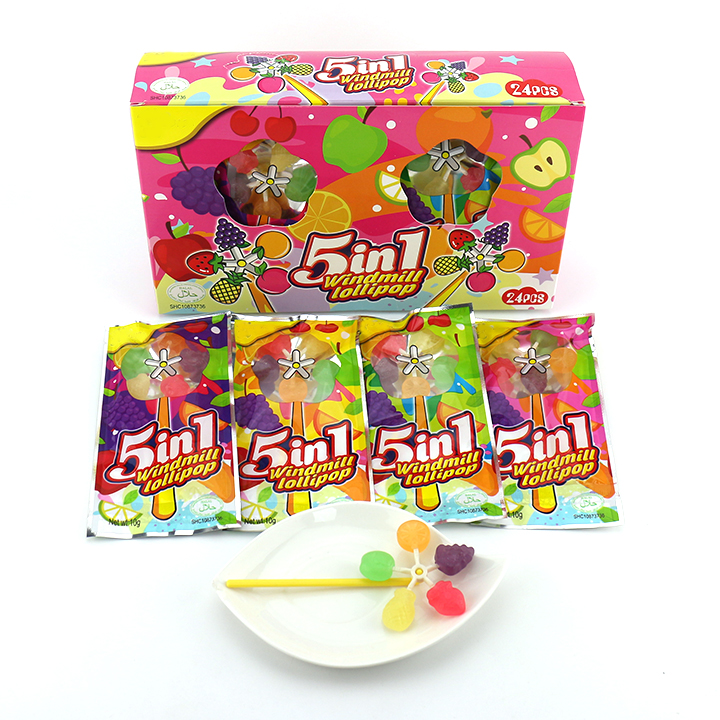 5 in 1 colorful fruit shaped rotating windmill lollipop candy CH 