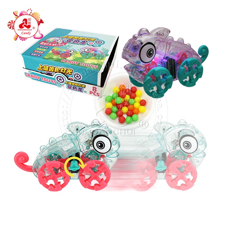 LED flashing light transparent chameleon clockwork car toy with candy CH-TB184