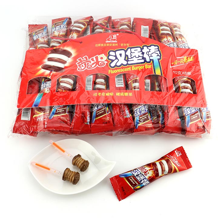 Halal chocolate milk flavored hamburger shaped neon glowing stick lollipop CH-B094-3