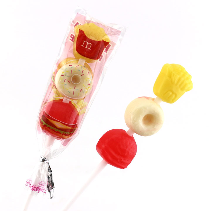 15g Cartoon french fries, donuts, hamburger fast food shaped string lollipop CH-BP093