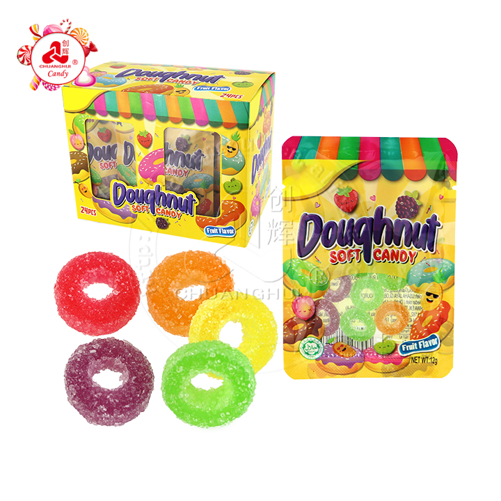 Halal sugar coated mini donut ring shaped jelly chewing soft gummy candyCH-J464