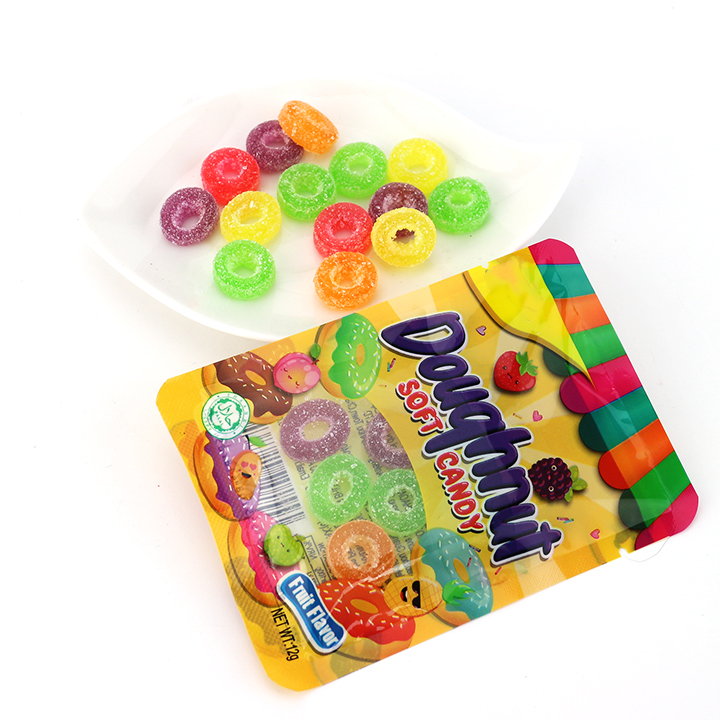 Halal sugar coated mini donut ring shaped jelly chewing soft gummy candyCH-J464