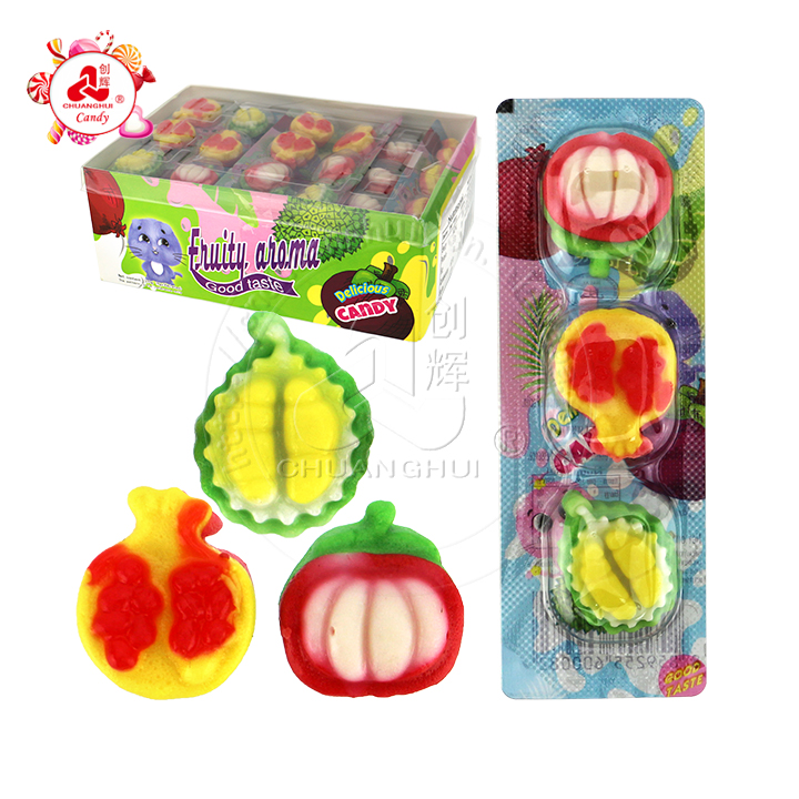 Fruits Party durian, pomegranate, mangosteen fruits shaped soft gummy candy in PVC boxCH-J473