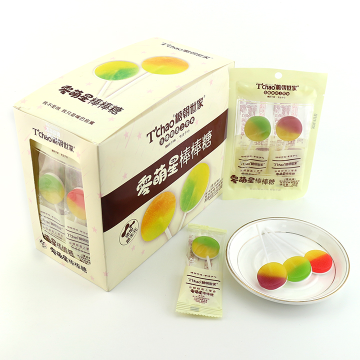 Supply Hot sale 2-in-1 two-tone fruit hard lollipop with sour 