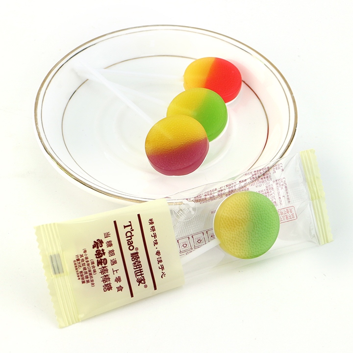 Supply Hot sale 2-in-1 two-tone fruit hard lollipop with sour pressed candy  CH-BP103 Wholesale Factory - Guangdong Chuanghui Foodstuffs Co.