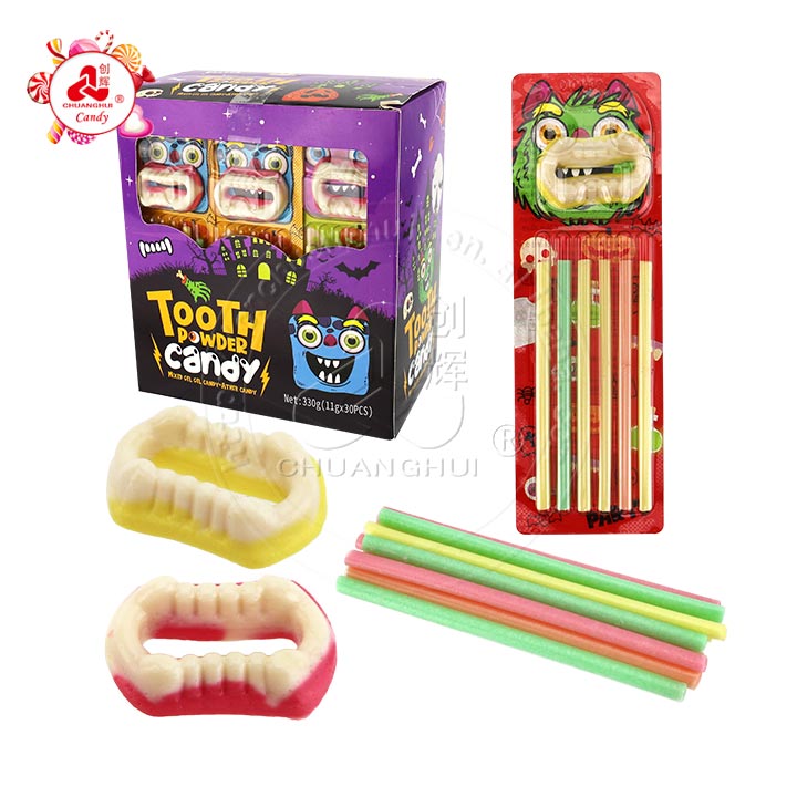 Halloween tooth shaped soft gummy candy with CC stick powder candy CH-J533