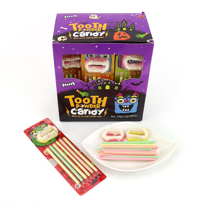 Halloween tooth shaped soft gummy candy with CC stick powder candy CH-J533