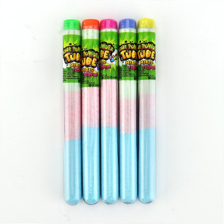 Supply 3 in 1 mixed fruity flavors sour powder tube candy in test