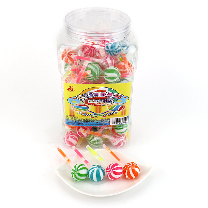 Rainbow round balls shaped fluorescent lollipop with neon light glowing stick CH-A107
