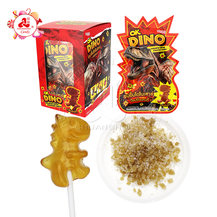 High quality cartoon dinosaur shaped hard lollipop with popping candy CH-B386