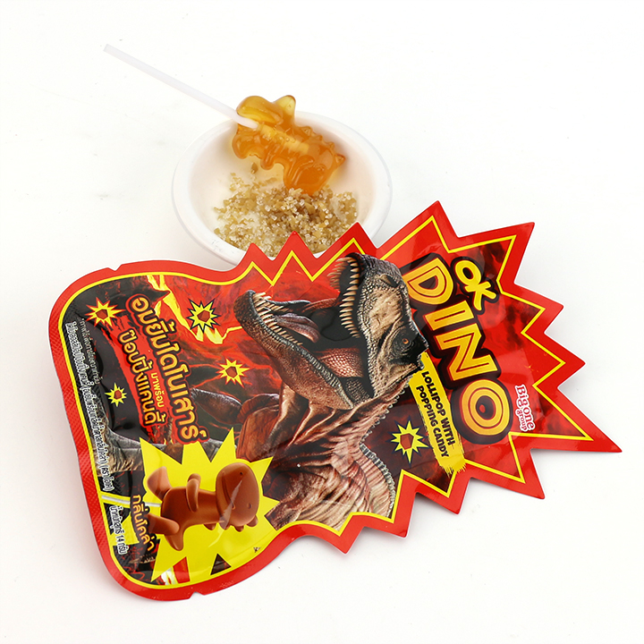 High quality cartoon dinosaur shaped hard lollipop with popping candy CH-B386