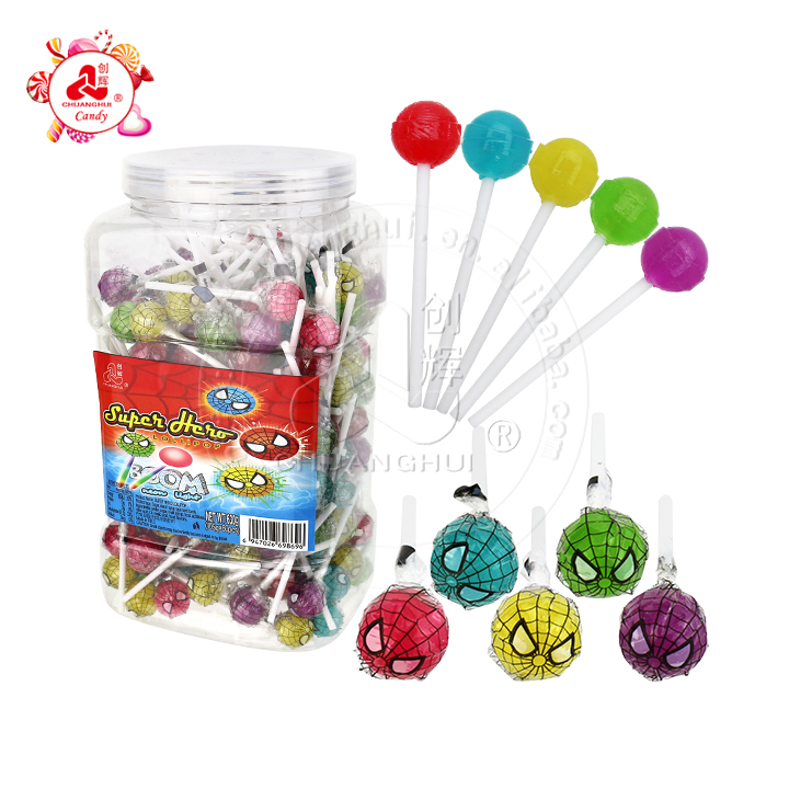 3g Mini superhero spider head shaped round ball hard lollipop CH-BP116