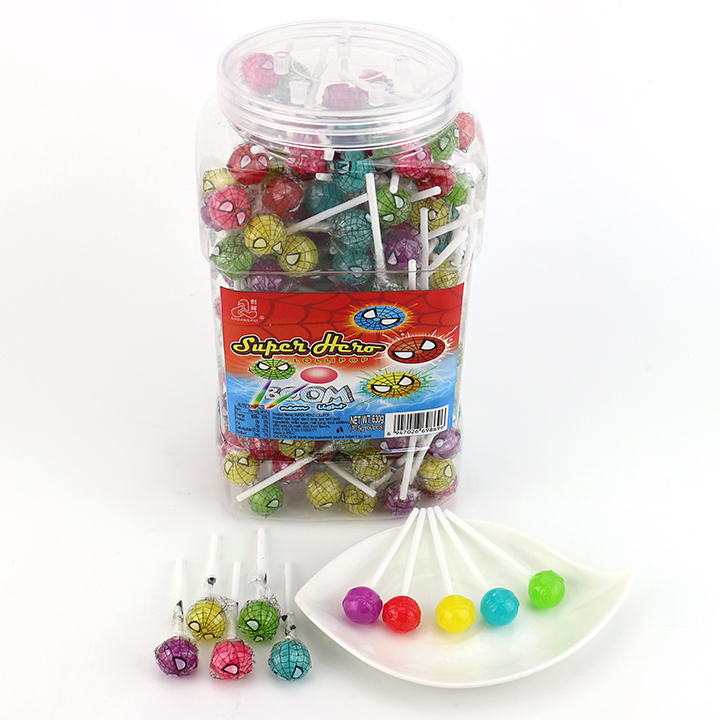 3g Mini superhero spider head shaped round ball hard lollipop CH-BP116