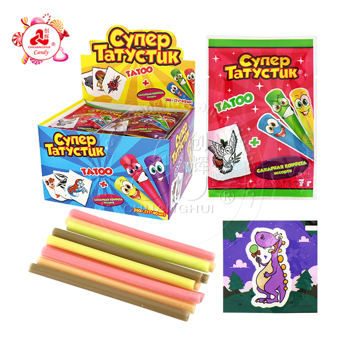 7g fruit flavored CC stick straw powder candy with tattoo sticker CH-C118