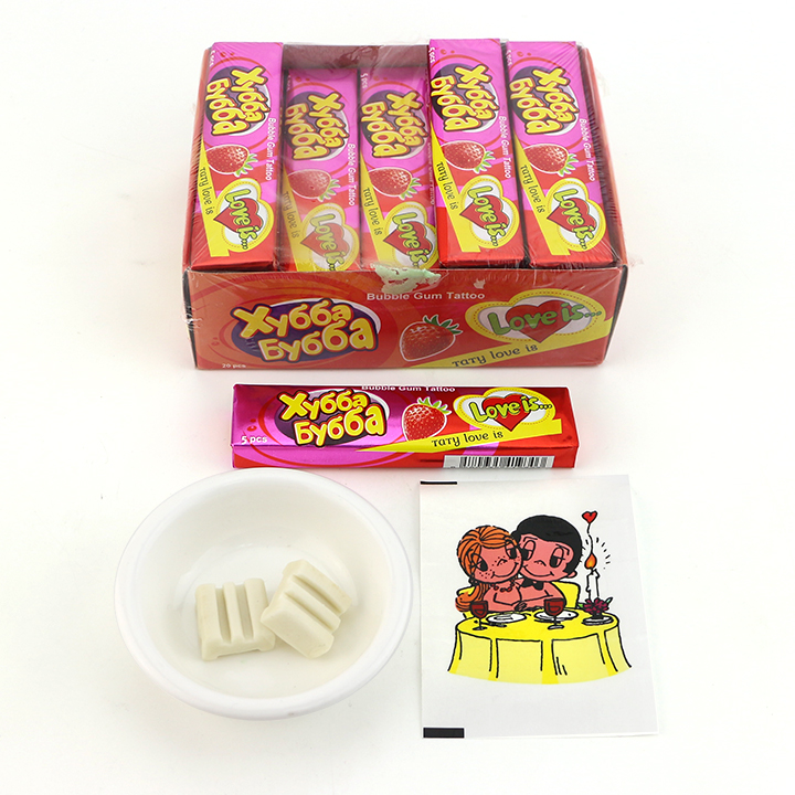 5-in-1 fruit flavored chewying bubble gum cube with tattoo stickers CH-E324