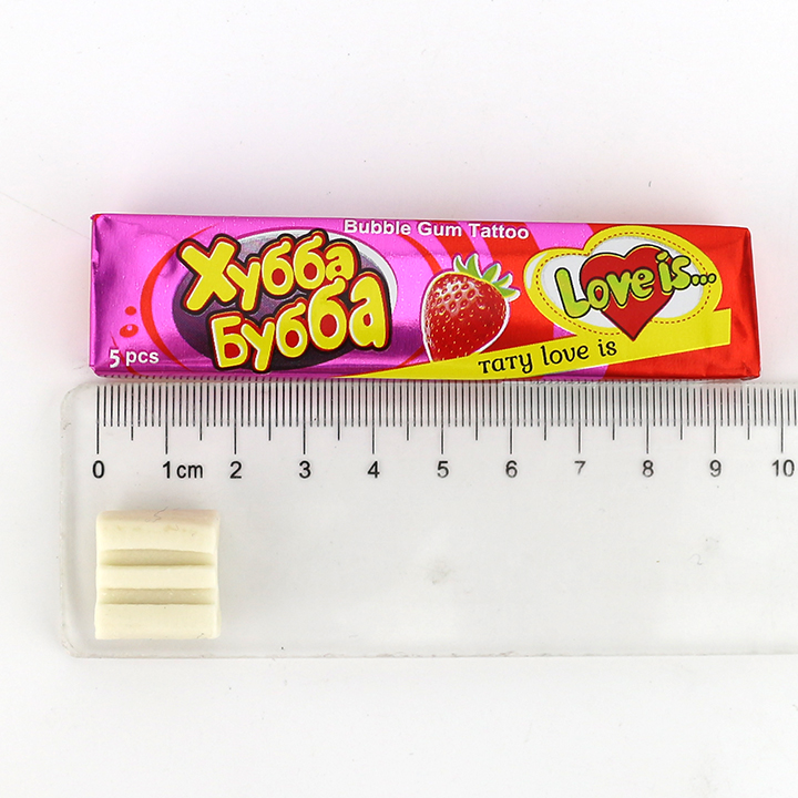 5-in-1 fruit flavored chewying bubble gum cube with tattoo stickers CH-E324
