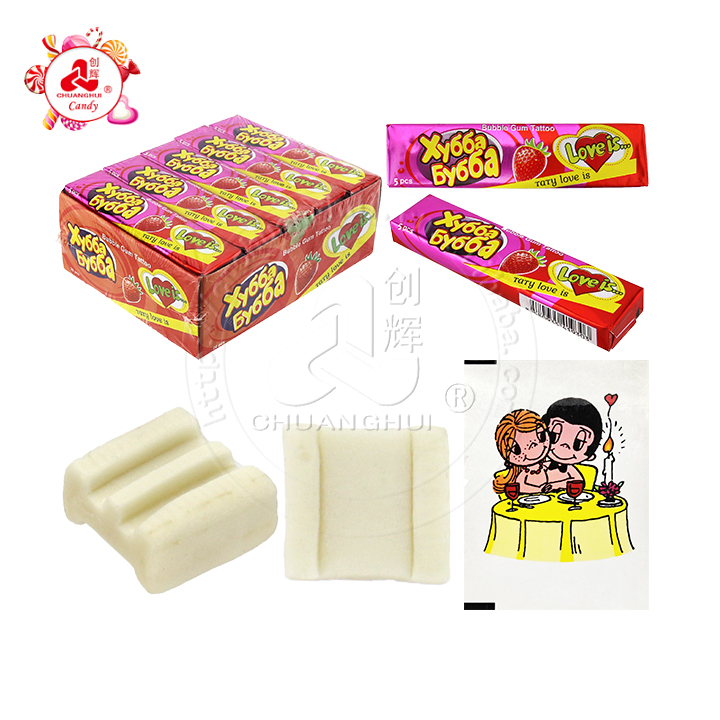 5-in-1 fruit flavored chewying bubble gum cube with tattoo stickers CH-E324