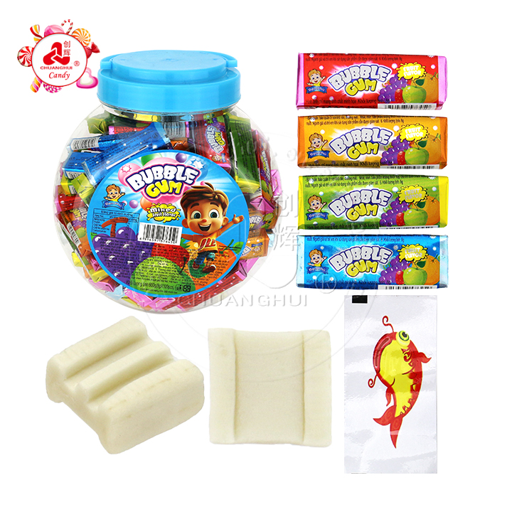 3-in-1 fruit flavored chewying bubble gum cube with tattoo stickers CH-E325