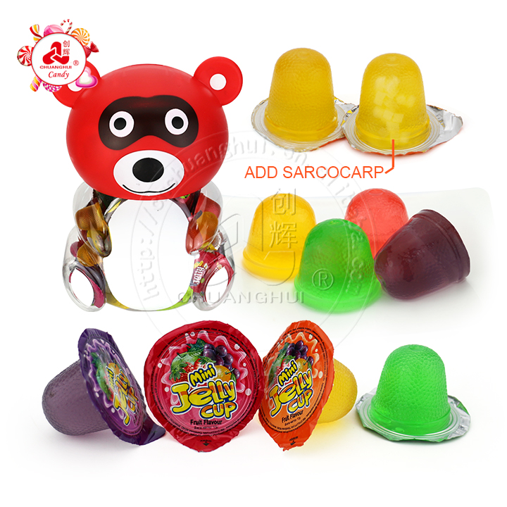 Halal fruit flavored jelly candy pudding cups in raccoon bear jar CH-K164-16