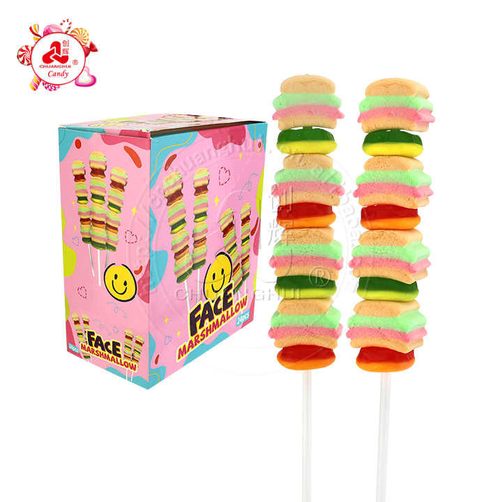 Halal hamburger string cotton candy burger marshmallow pop lollipop with gummy candy CH-M166