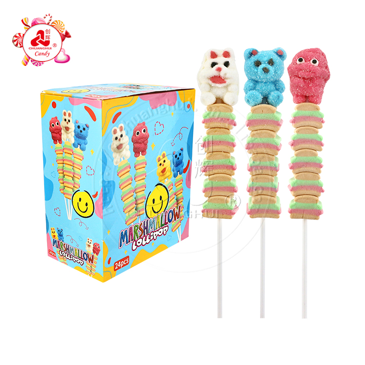 Halal cartoon animals and hamburger shaped string candy marshmallow lollipop CH-M167