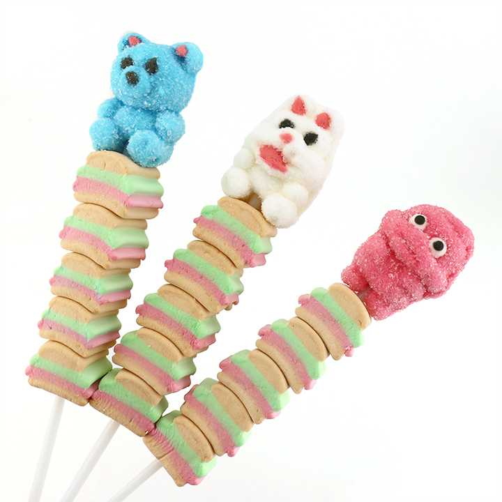 Halal cartoon animals and hamburger shaped string candy marshmallow lollipop CH-M167