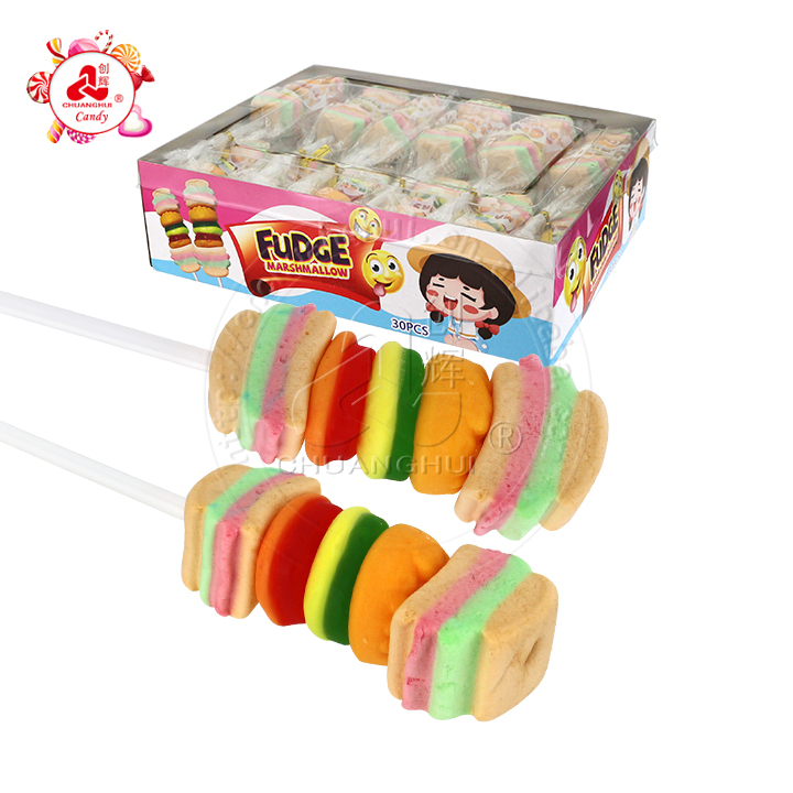 Halal hamburger Fudge string candy marshmallow lollipop with burger gummy candy CH-M168