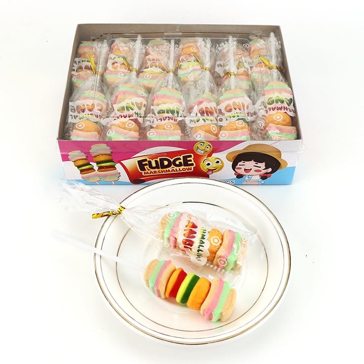 Halal hamburger Fudge string candy marshmallow lollipop with burger gummy candy CH-M168