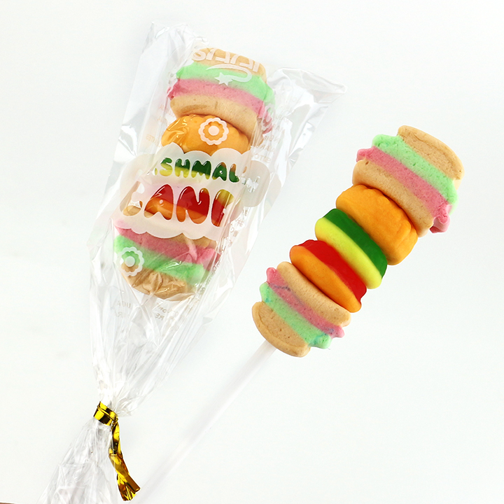 Halal hamburger Fudge string candy marshmallow lollipop with burger gummy candy CH-M168