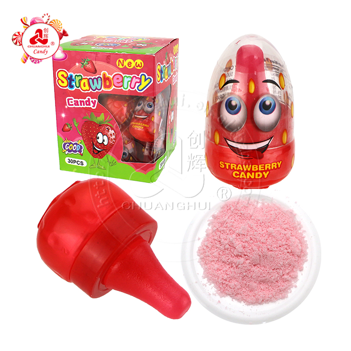 Cartoon smile expression Strawberry shaped nipple lollipop with sour powder candy CH-T1249