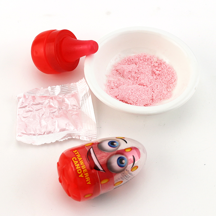 Cartoon smile expression Strawberry shaped nipple lollipop with sour powder candy CH-T1249