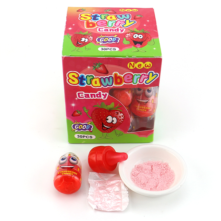 Cartoon smile expression Strawberry shaped nipple lollipop with sour powder candy CH-T1249