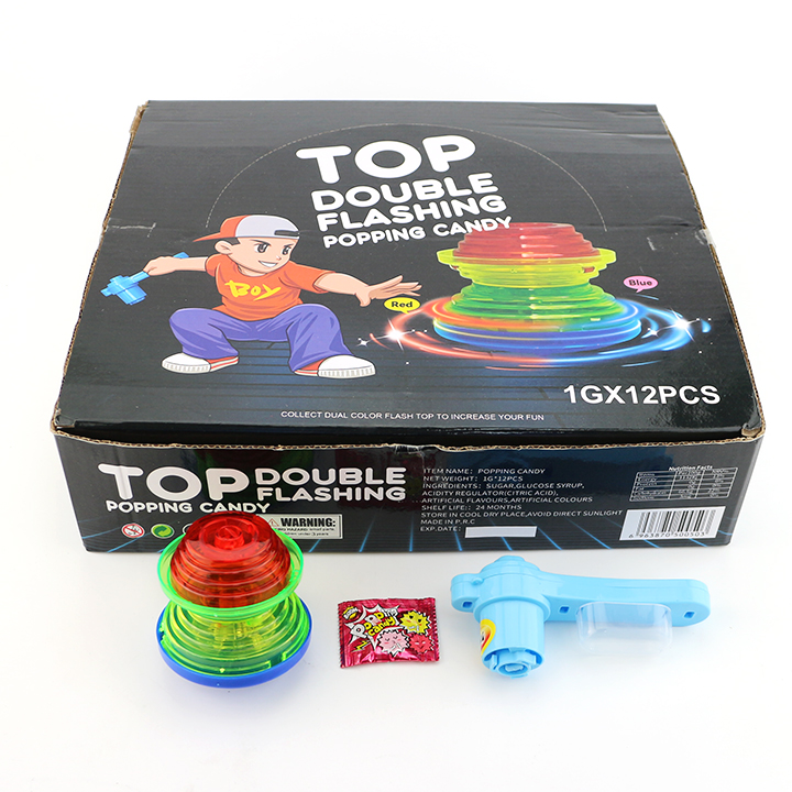 LED double flashing spinning top toy gyro launcher rotating toy candy with popping candy CH-TB221