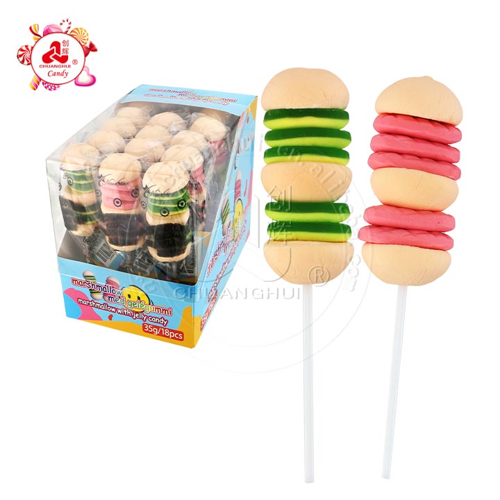 Halal 35g big size Burger Marshmallow Lolly pop candy hamburg marsh lollipop CH-M180