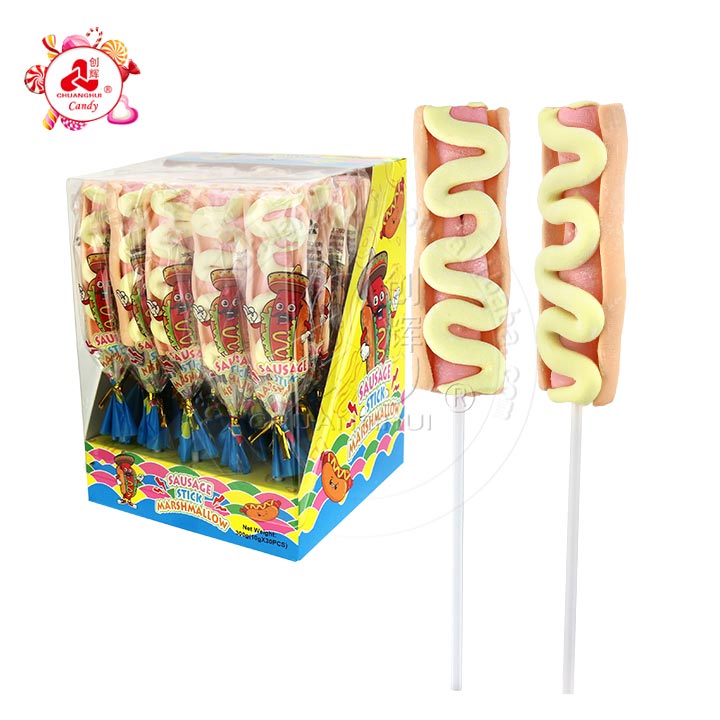 Halal 10g hotdog shaped marshmallow lollipop cotton candy lolly pop CH-M181
