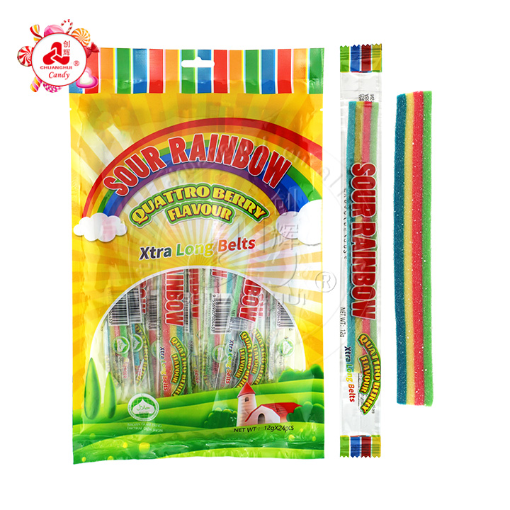 12g long sour rainbow belt flat soft gummy candy strip CH-J563