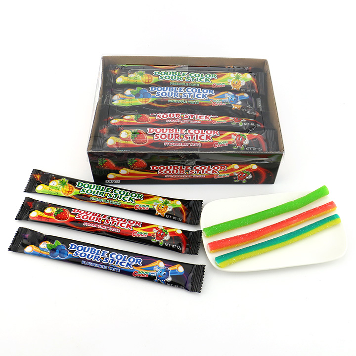 HALAL double colors licorice sour stick soft gummy candy strips with sour powder filling CH-J566