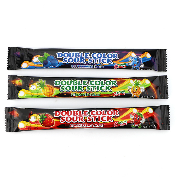 HALAL double colors licorice sour stick soft gummy candy strips with sour powder filling CH-J566
