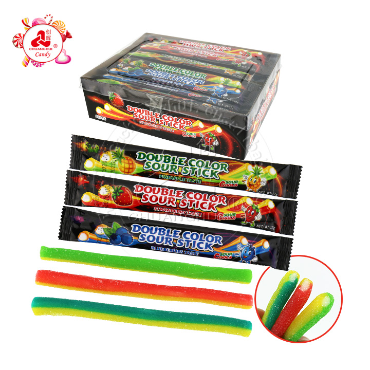 HALAL double colors licorice sour stick soft gummy candy strips with sour powder filling CH-J566