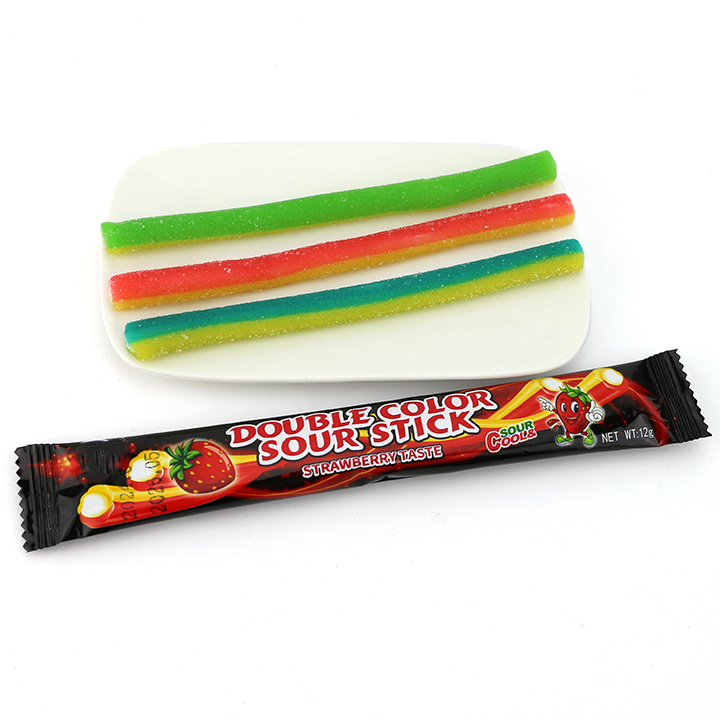 HALAL double colors licorice sour stick soft gummy candy strips with sour powder filling CH-J566