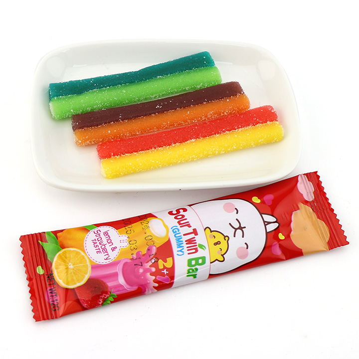 2024 New 2-in-1 gummy stick Sour Twins gummy candy strips with sour powder + jam filled CH-J570